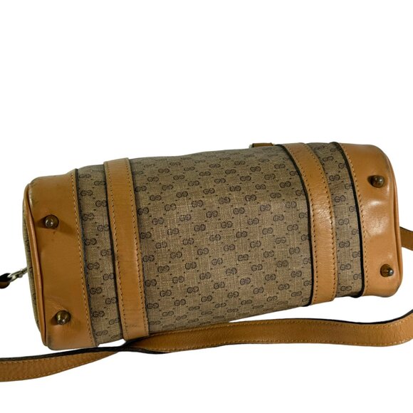 70's GUCCI Beige Canvas Tan Leather Micro GG Monogram Satchel Made in Italy - Picture 5 of 15